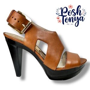 Michael Kors Carla Platform Sandals Tan Leather Slingback,Chic Edgy Party,Size 7